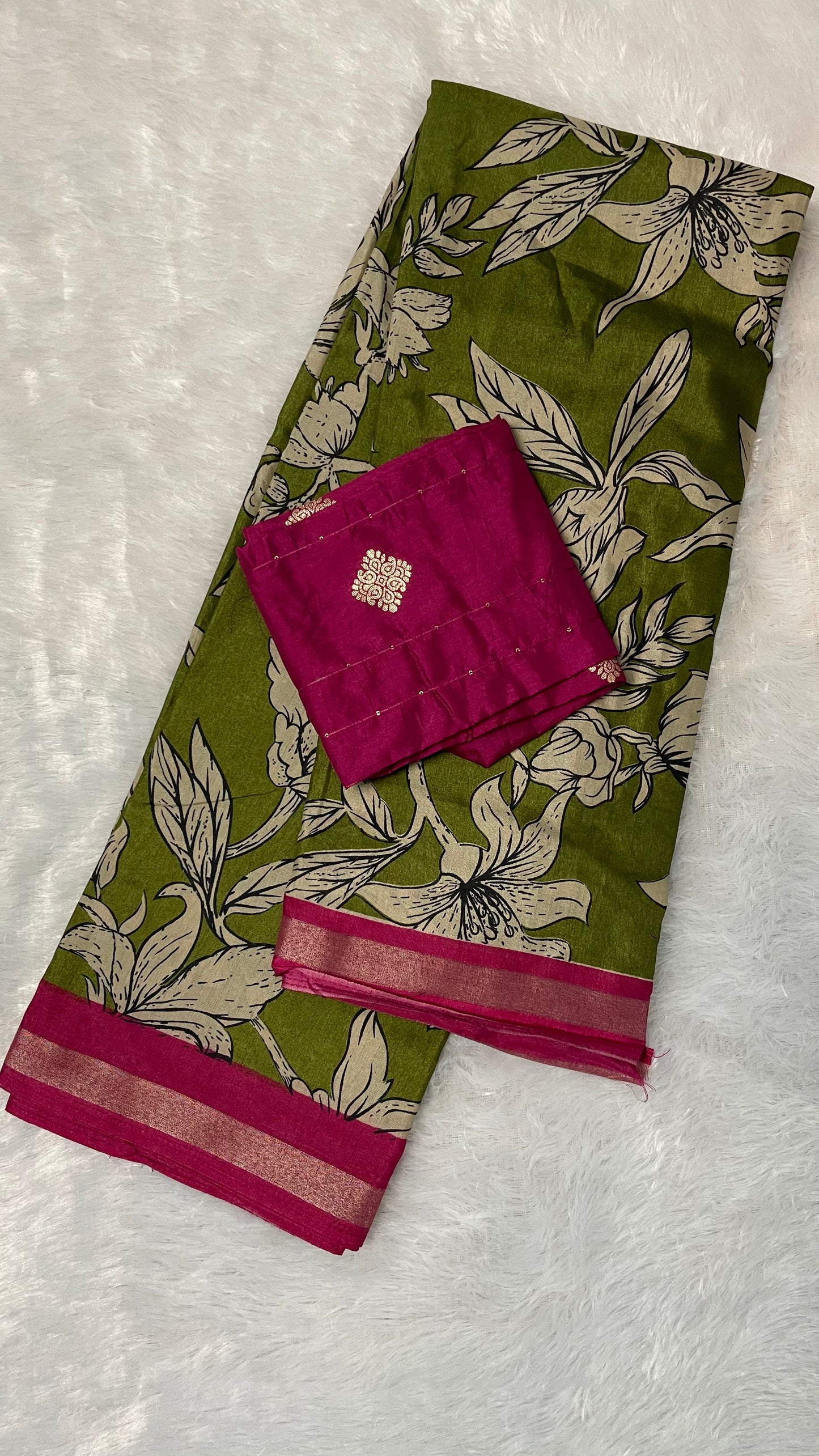 GREEN & PINK LINEN COTTON SAREE