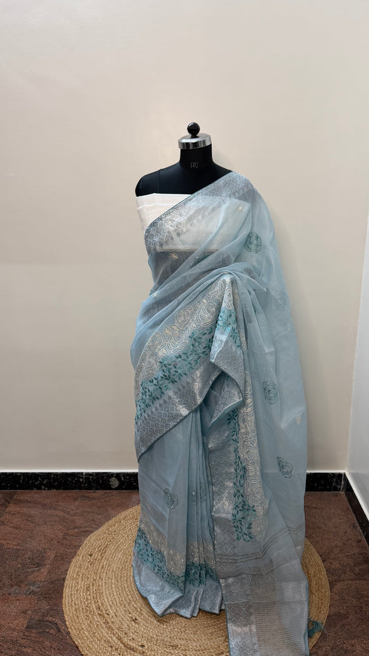 BABY BLUE LINEN COTTON SAREE WITH RUNNING BLOUSE.