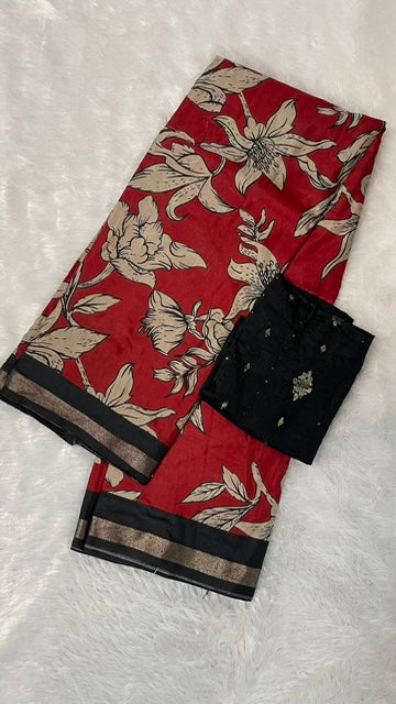 RED LINEN COTTON MIX SAREE