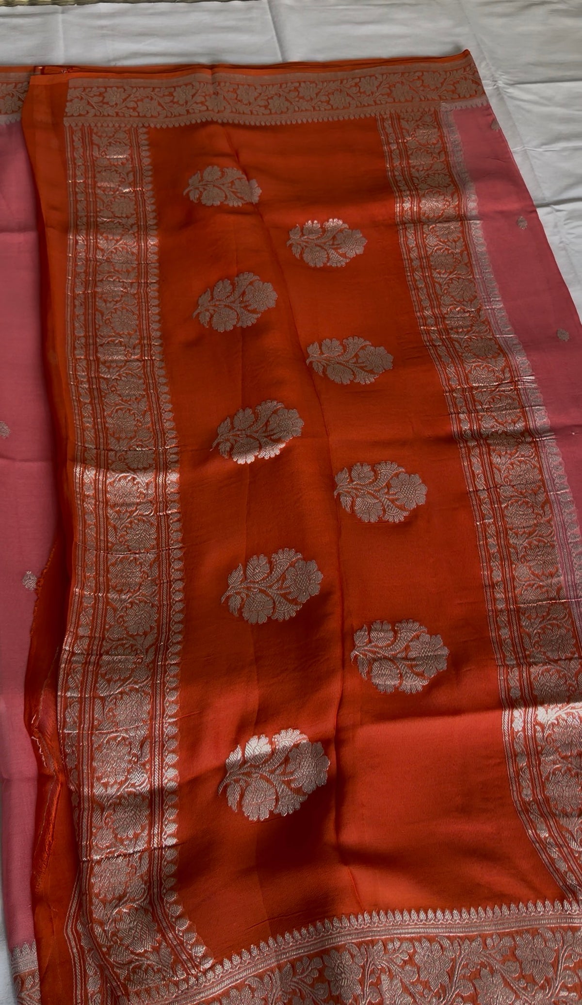 Peach with Orange Pure Banarasi Khaddi Chiffon.