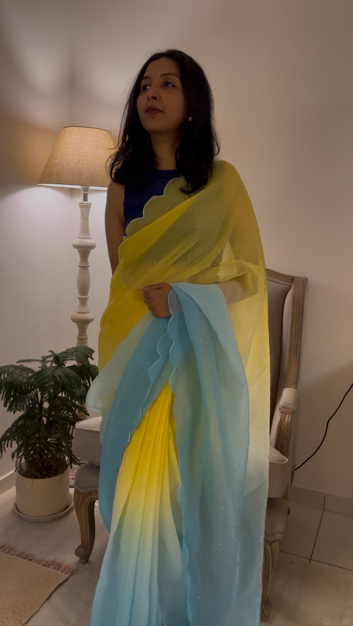 FANCY DUAL TONE BLUE & YELLOW PARTY WEAR SAREE