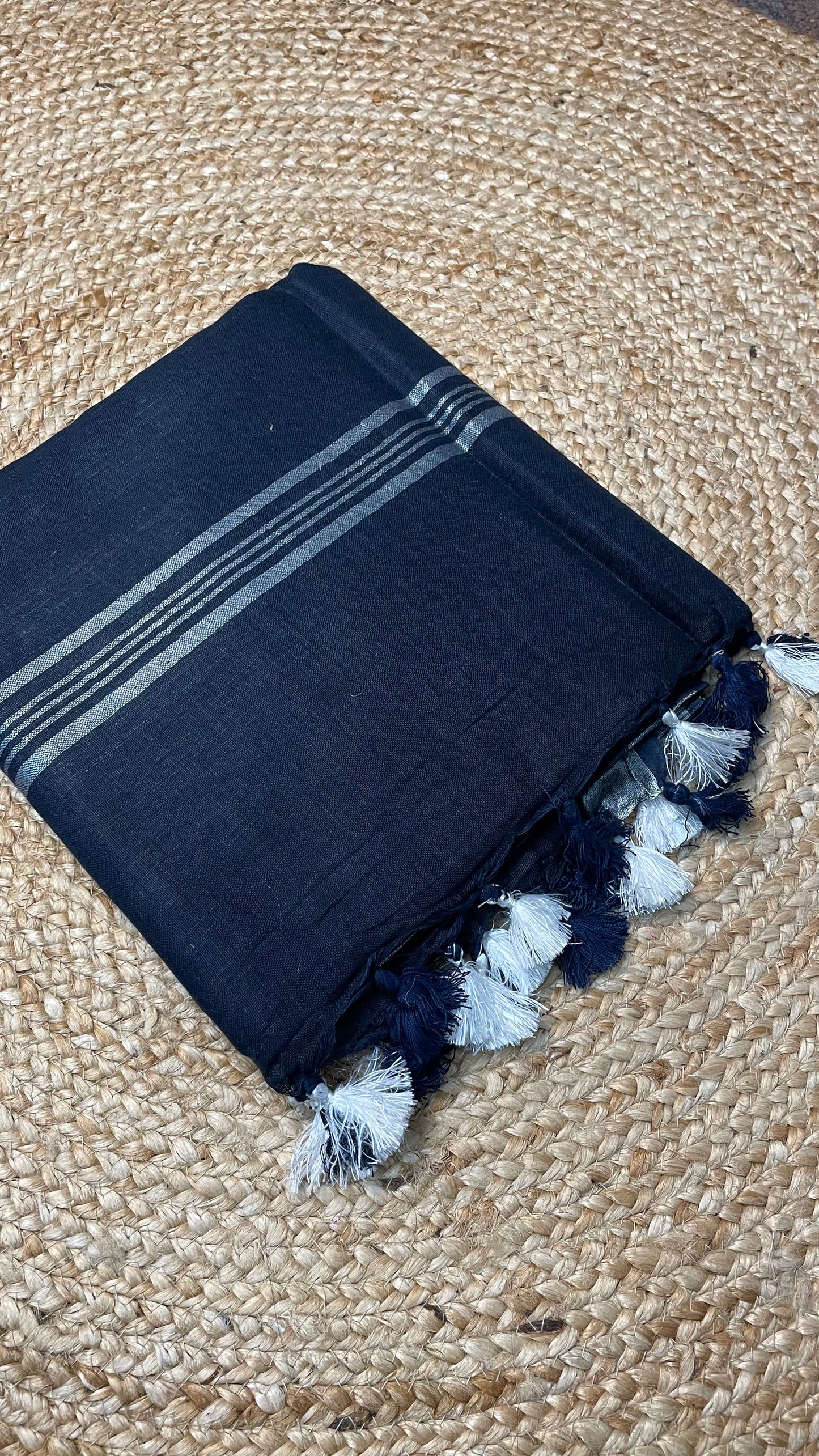 DEEP NAVY BLUE PURE LINEN COTTON SAREE