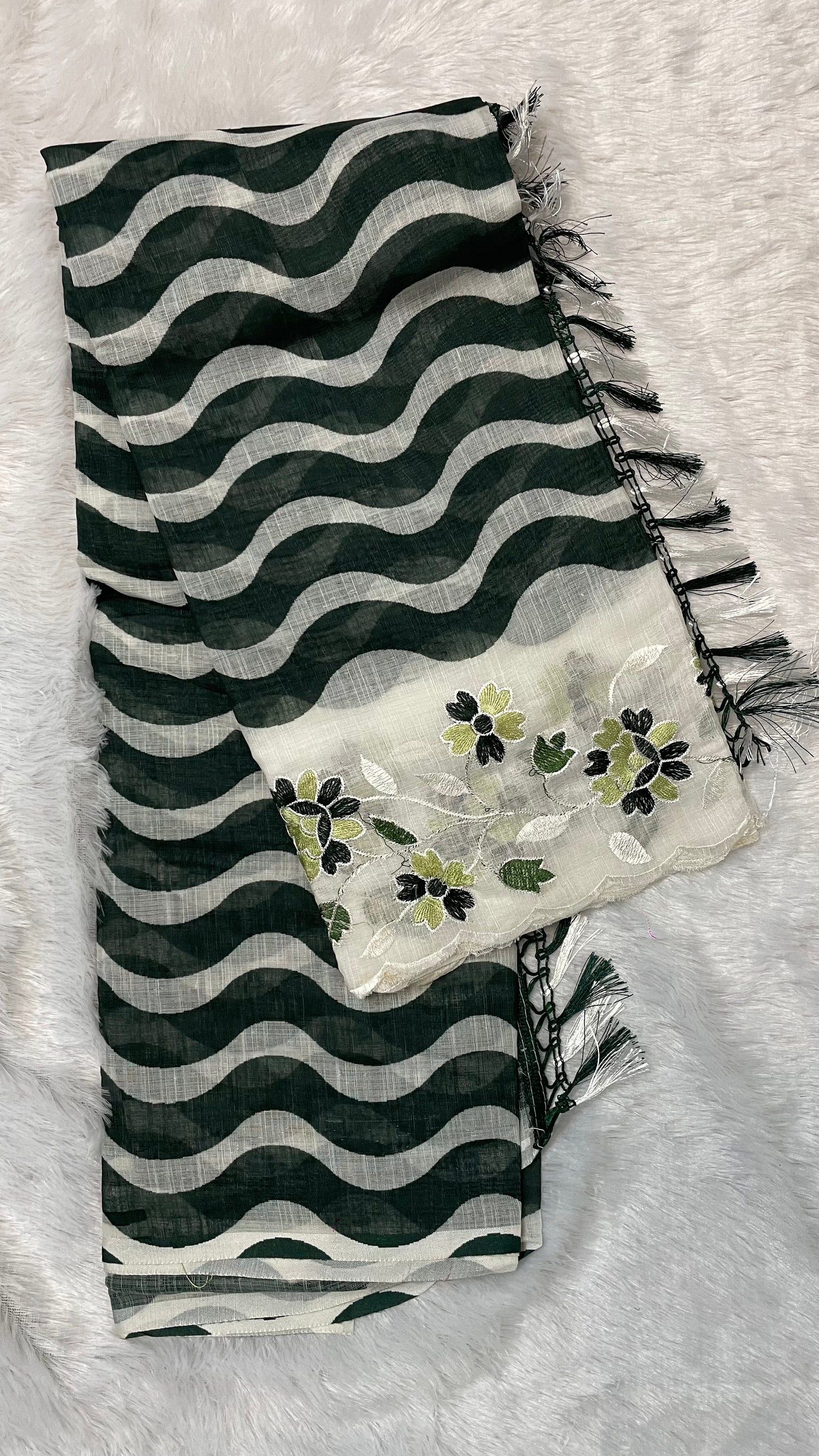 BOTTLE GREEN & WHITE LINEN COTTON SAREE