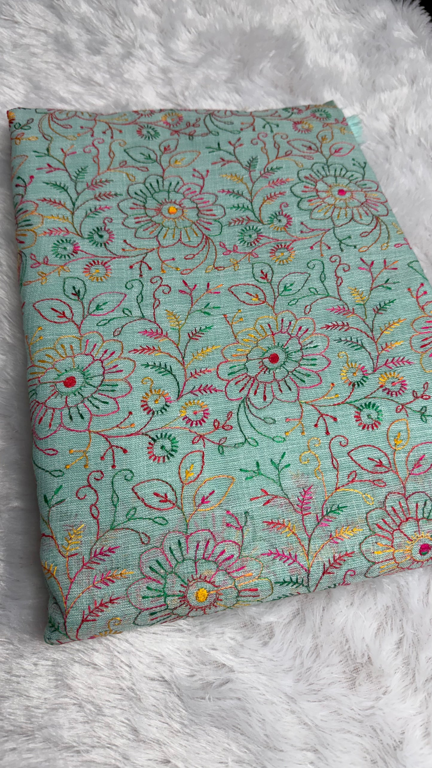MUTED MINT GREEN LINEN COTTON WITH PASHMINA EMBROIDERY.