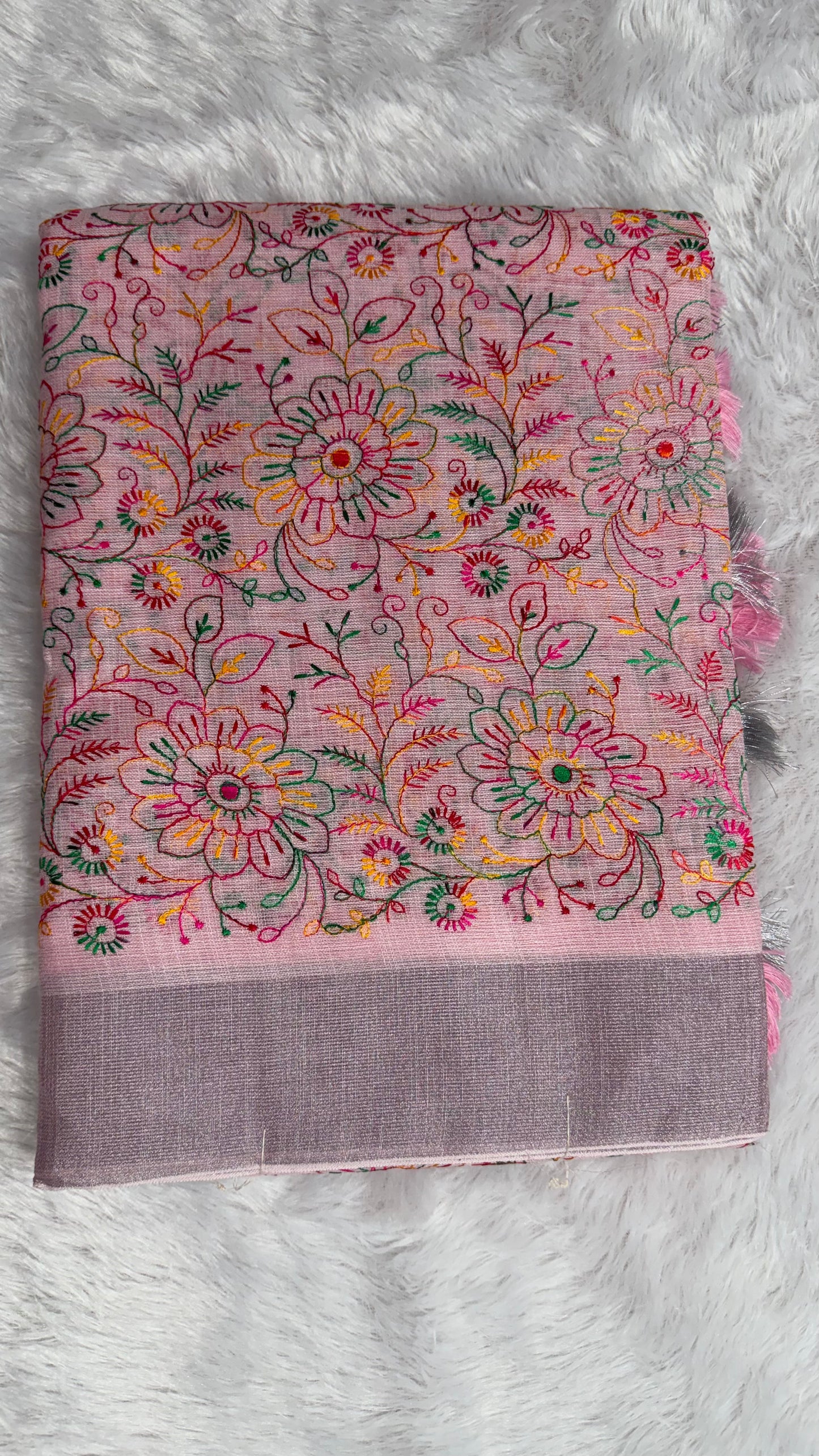 BABY PINK LINEN COTTON WITH PASHMINA EMBROIDERY.
