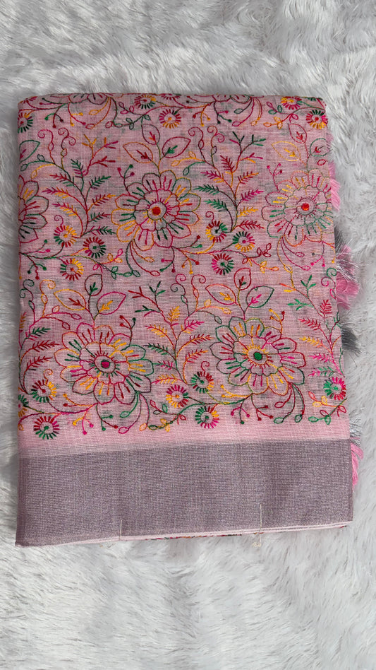BABY PINK LINEN COTTON WITH PASHMINA EMBROIDERY.