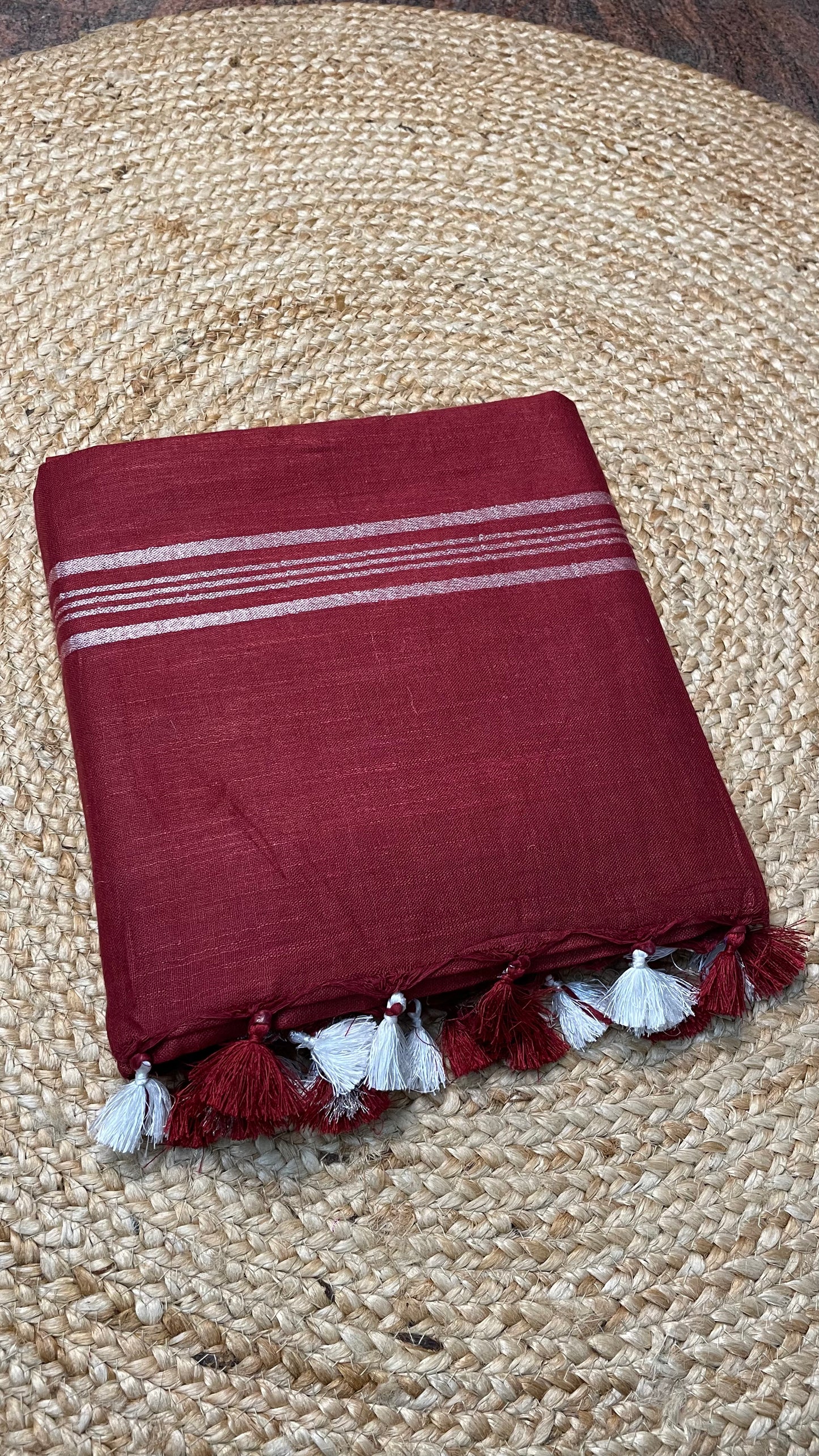 BURNT RED PURE LINEN COTTON SAREE
