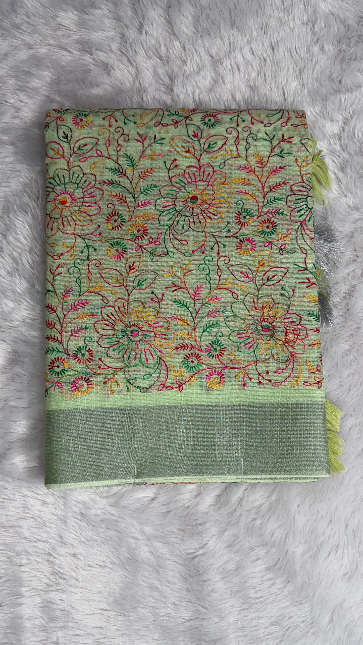 LEMON GREEN LINEN COTTON WITH PASHMINA EMBROIDERY.