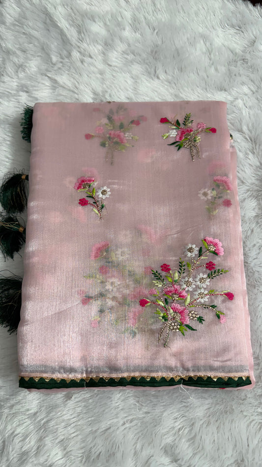 BABY PINK SHIMMER ORGANZA WITH FLORAL THREAD WORK SAREE.
