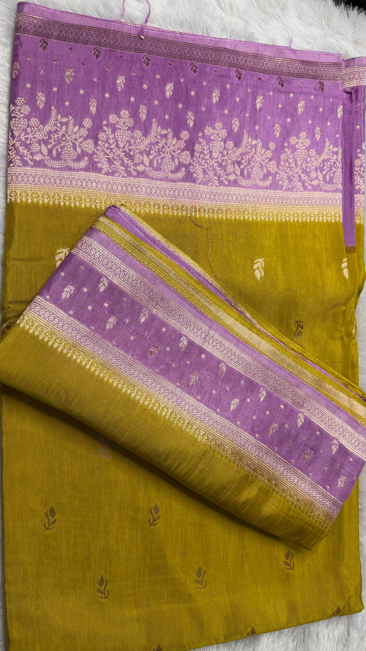 LABH-UG05 MUSTARD YELLOW TUSSAR CREPE SILK SAREE WITH PURPLE BORDER.