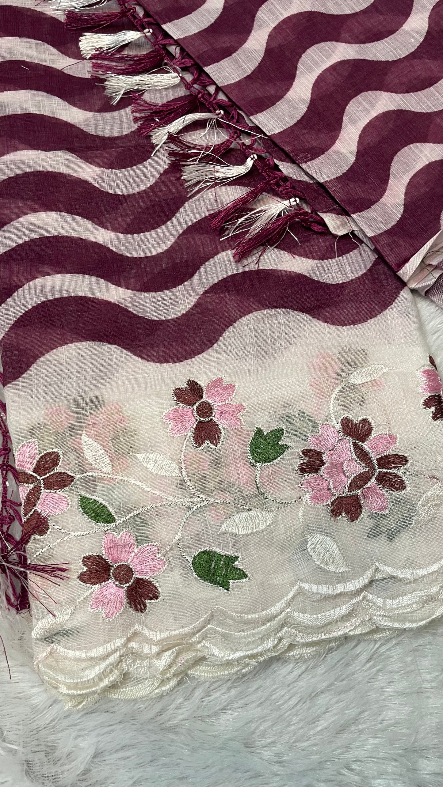 BURGANDY & WHITE LINEN COTTON SAREE