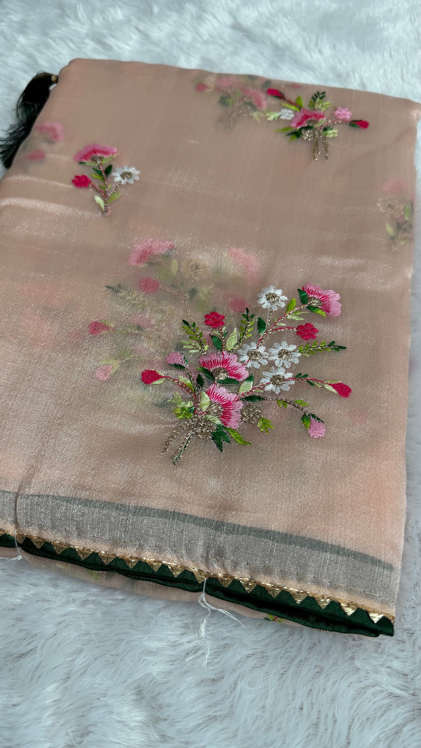 PEACH SHIMMER ORGANZA WITH FLORAL THREAD WORK SAREE.
