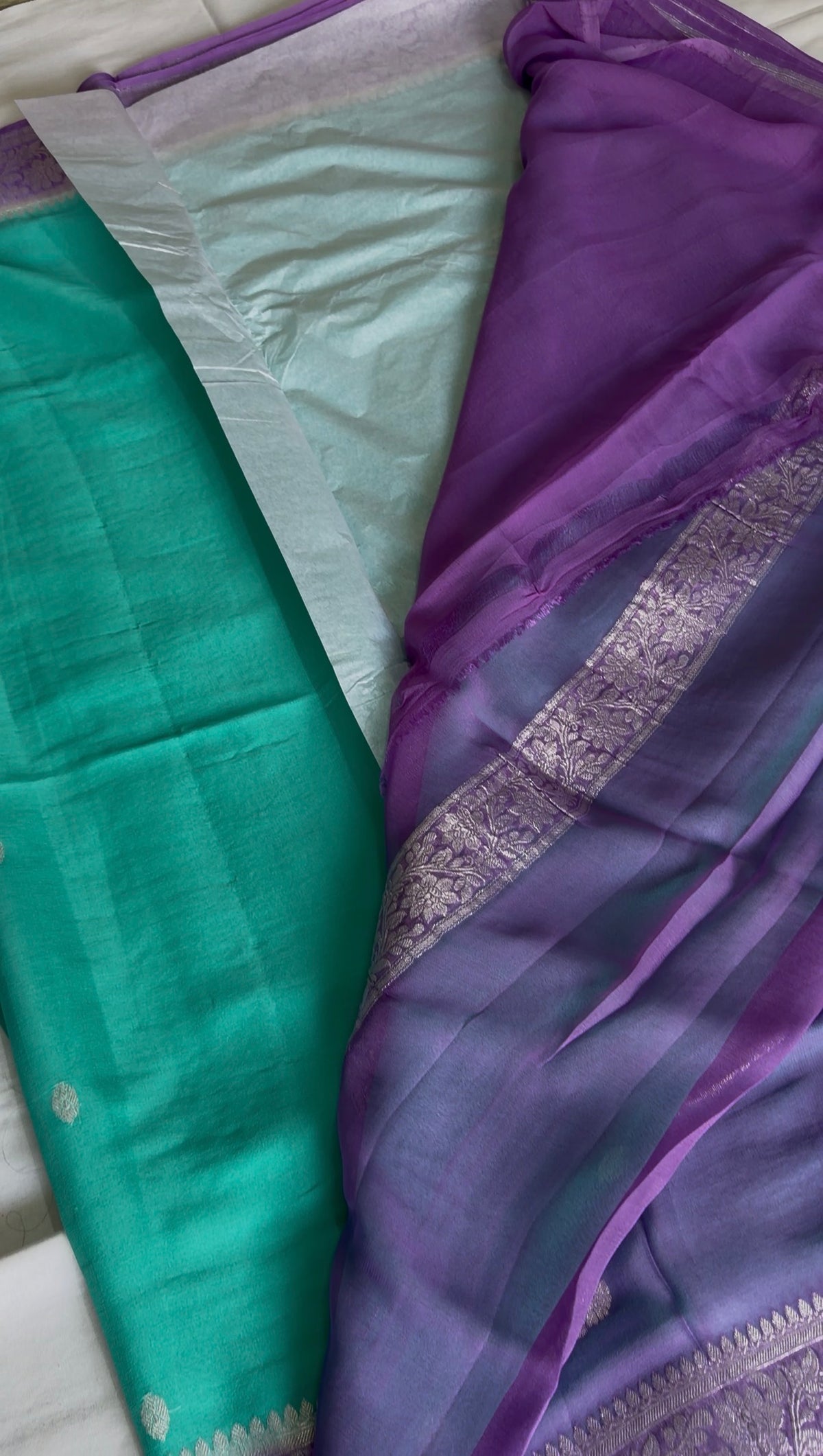 Rama green with purple Pure Banarasi Khaddi Chiffon.