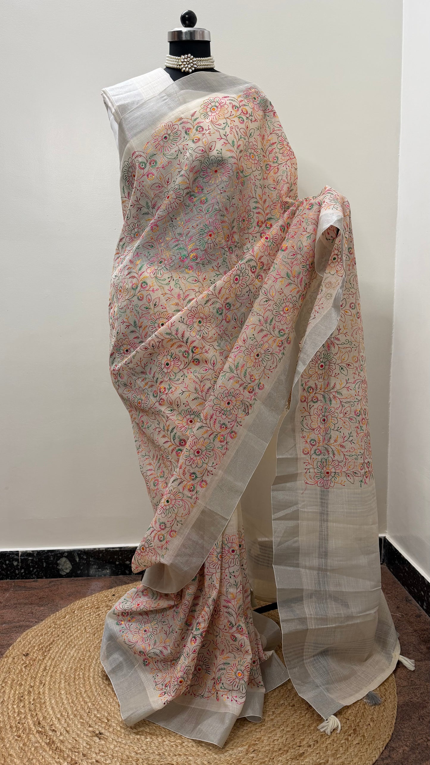 Off-white linen cotton with pashmina embroidery