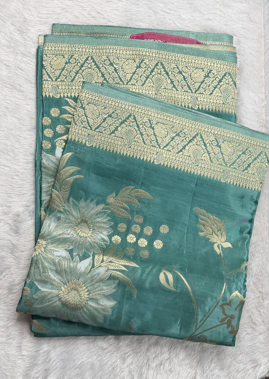 LABH-UG06 TEAL GREEN RUSSIAN CREPE  SILK SAREE.