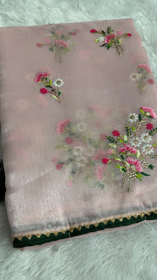 BABY PINK SHIMMER ORGANZA  WITH FLORAL THREAD WORK SAREE.
