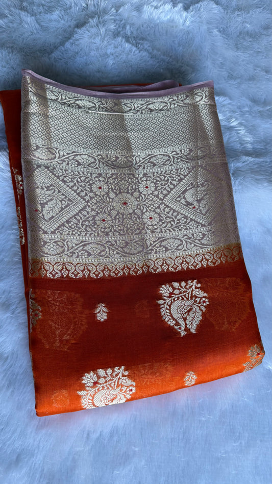 LABH-UG01 ROYAL ORANGE PURE RAW MANGO SILK SAREE.