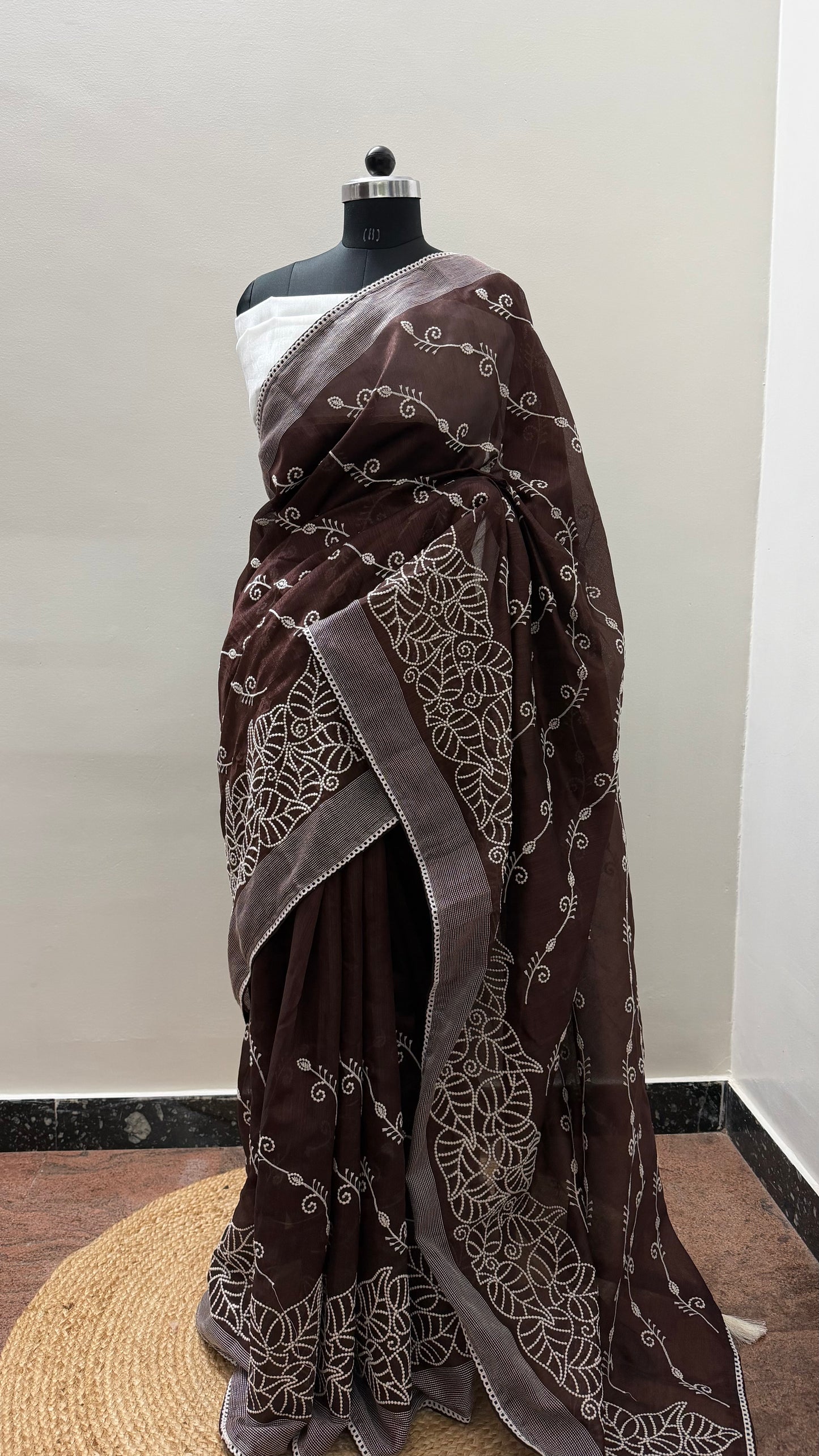 DARK BROWN SEMI TUSSAR SILK SAREE WITH LEHARIYA EMBROIDARY.