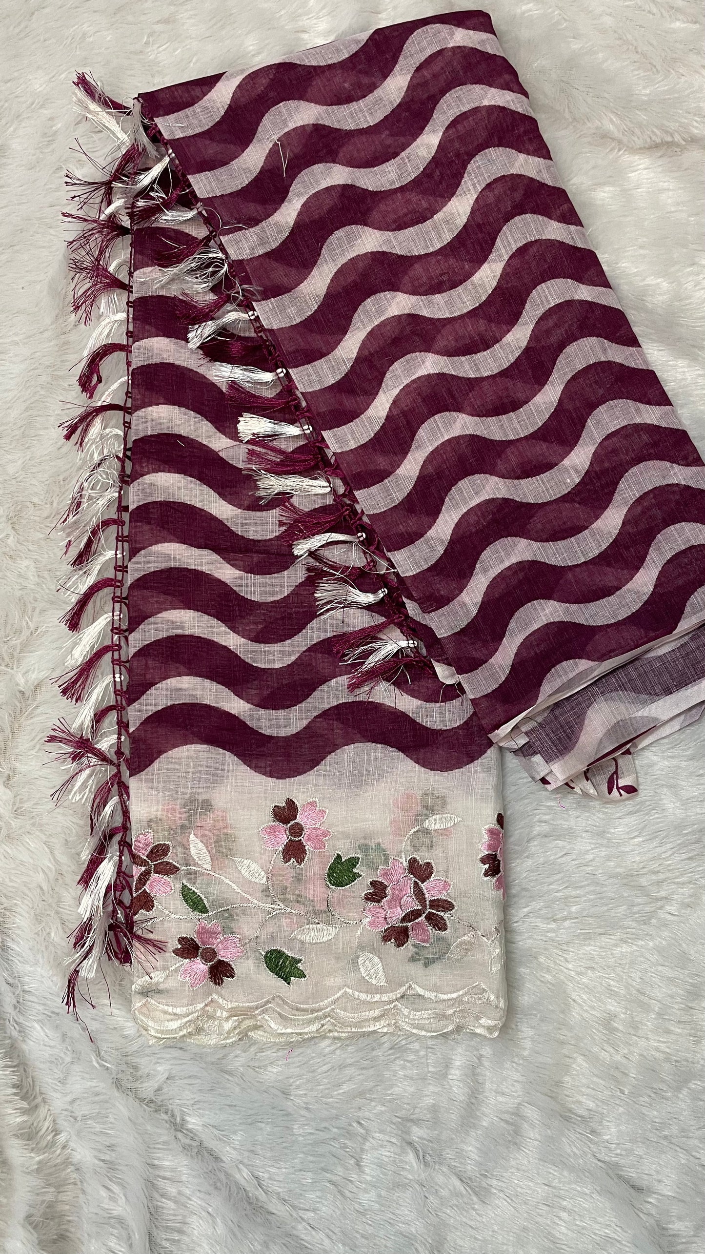 BURGANDY & WHITE LINEN COTTON SAREE