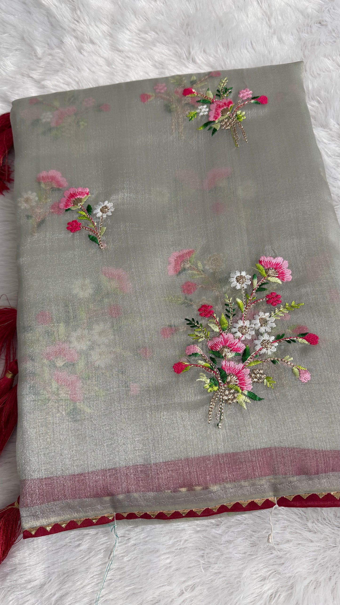 Grey SHIMMER ORGANZA  WITH FLORAL THREAD WORK SAREE.