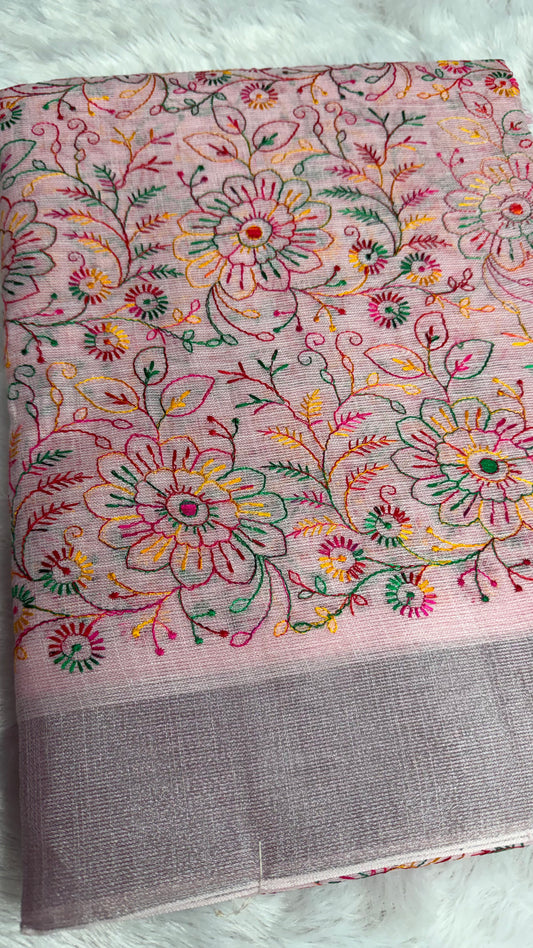 BABY PINK LINEN COTTON WITH PASHMINA EMBROIDERY.