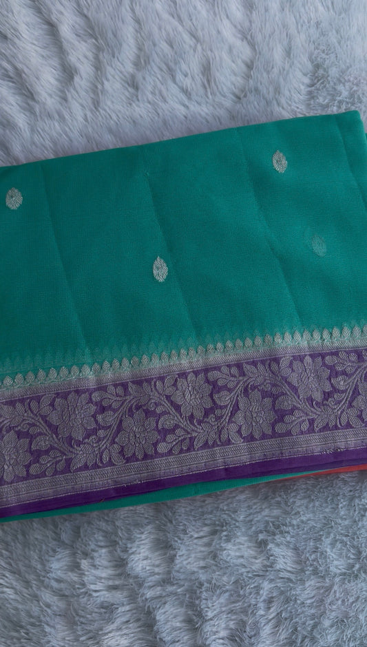 Rama green with purple Pure Banarasi  Khaddi Chiffon.