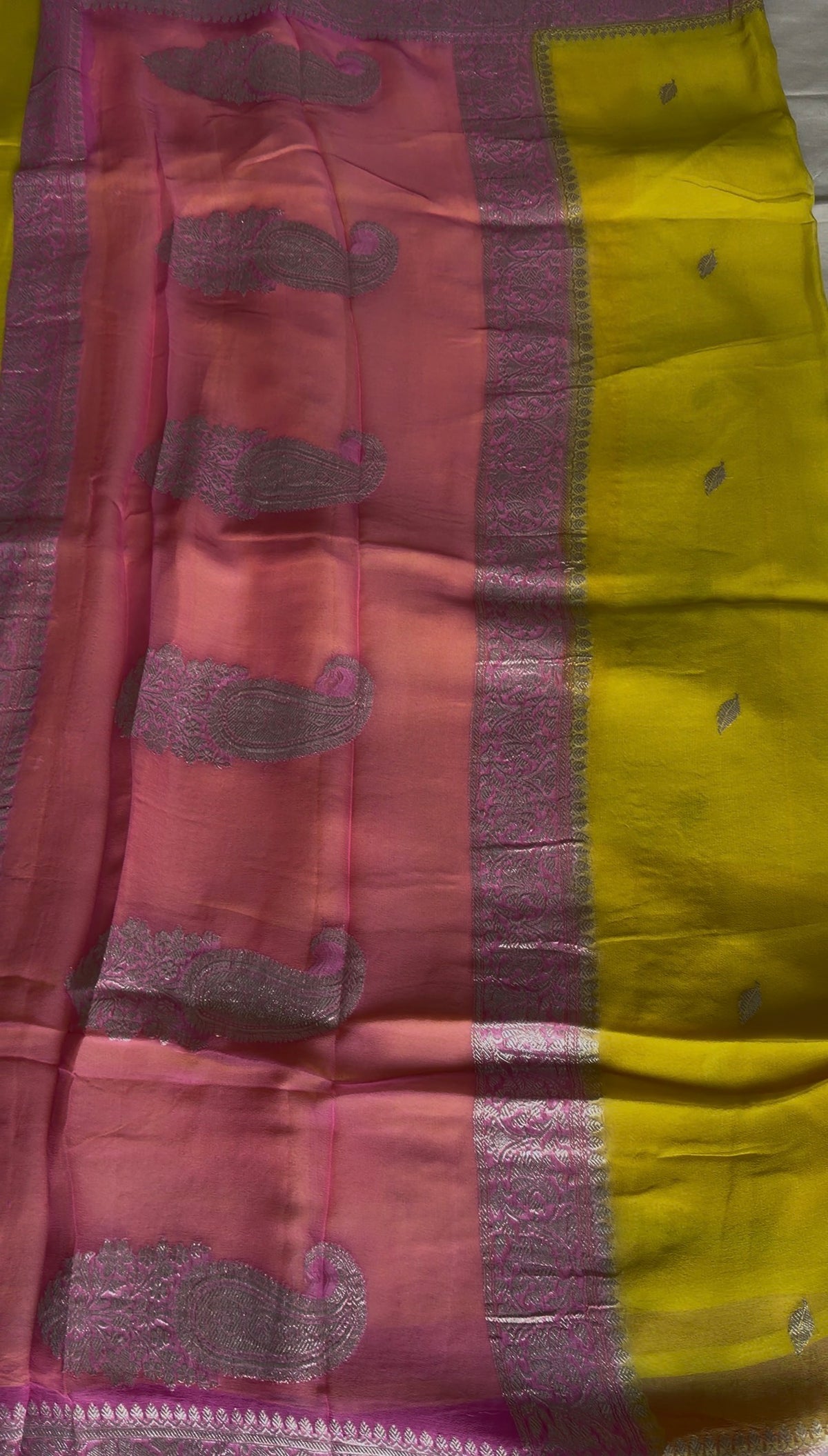 Yellow and Pink Pure Banarasi  Khaddi Chiffon.