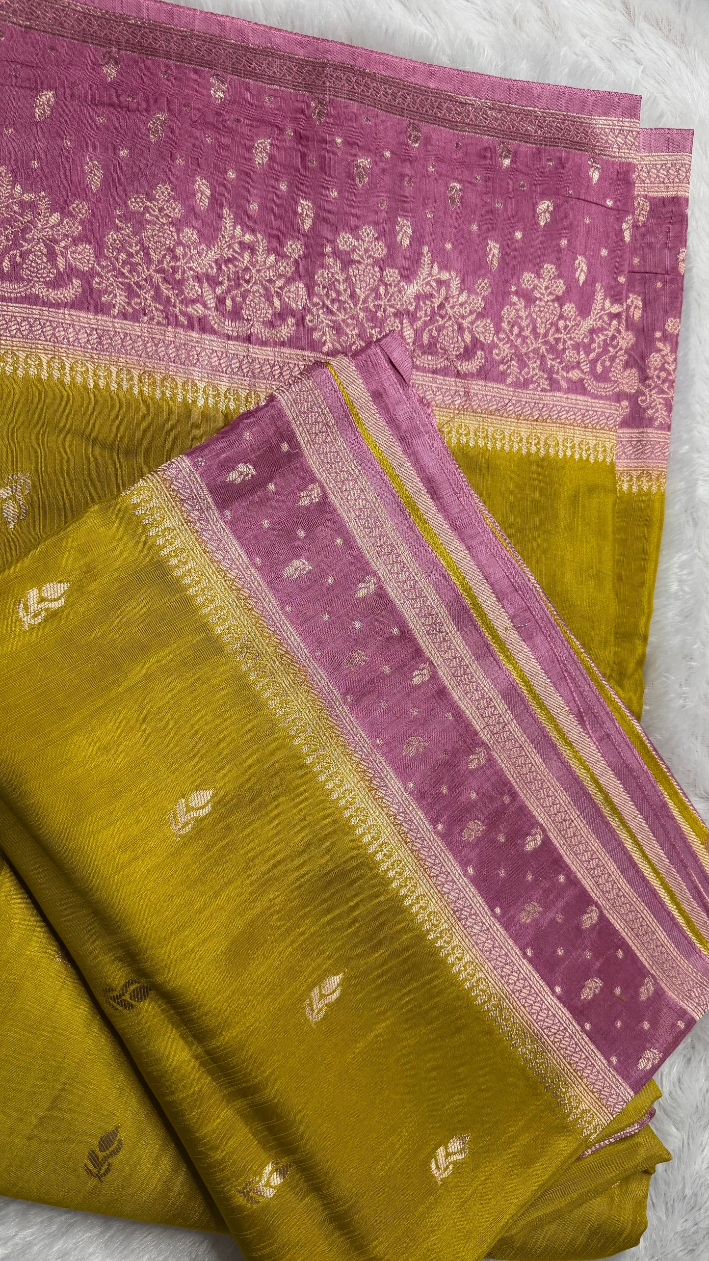 LABH-UG05 MUSTARD YELLOW TUSSAR CREPE SILK SAREE WITH PINK BORDER.
