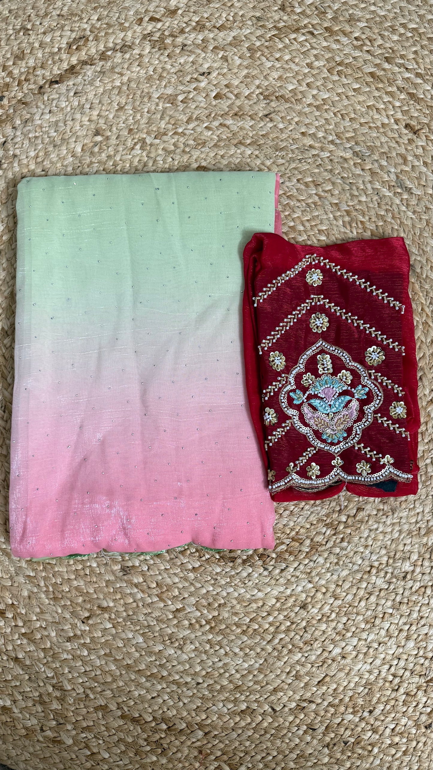 FANCY DUAL TONE GREEN & PINK PARTY WEAR SAREE