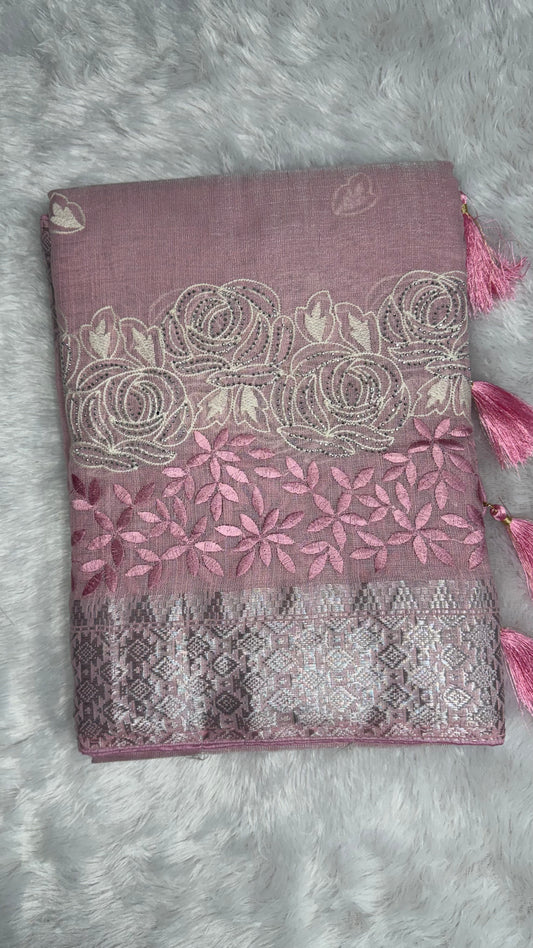 BABY PINK LINEN COTTON SAREE WITH RUNNING BLOUSE