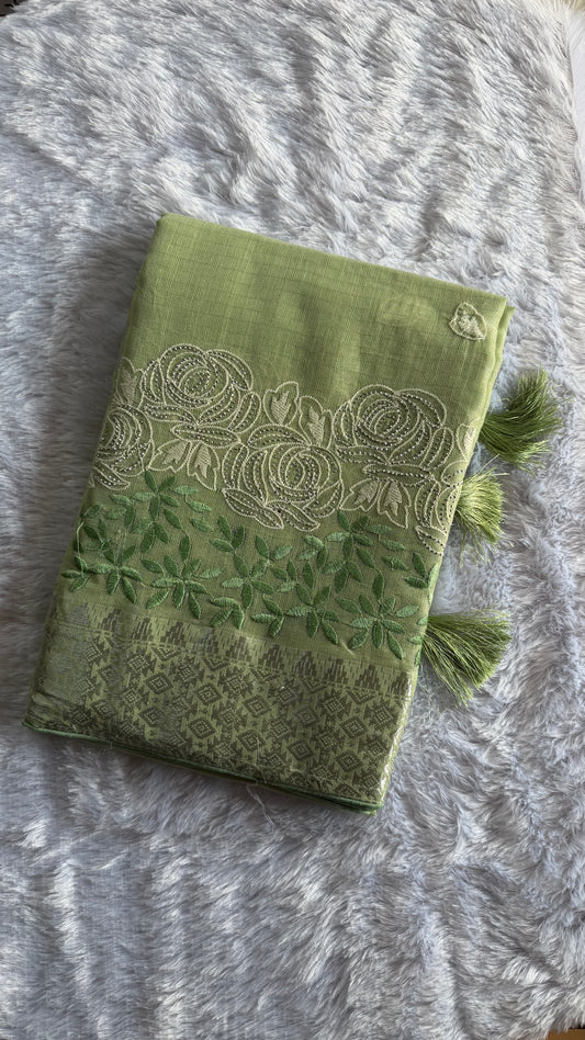GREEN LINEN COTTON SAREE WITH RUNNING BLOUSE.