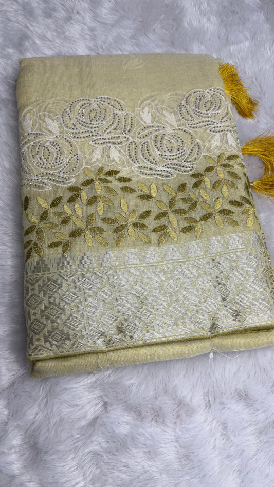 YELLOW LINEN COTTON SAREE WITH RUNNING BLOUSE