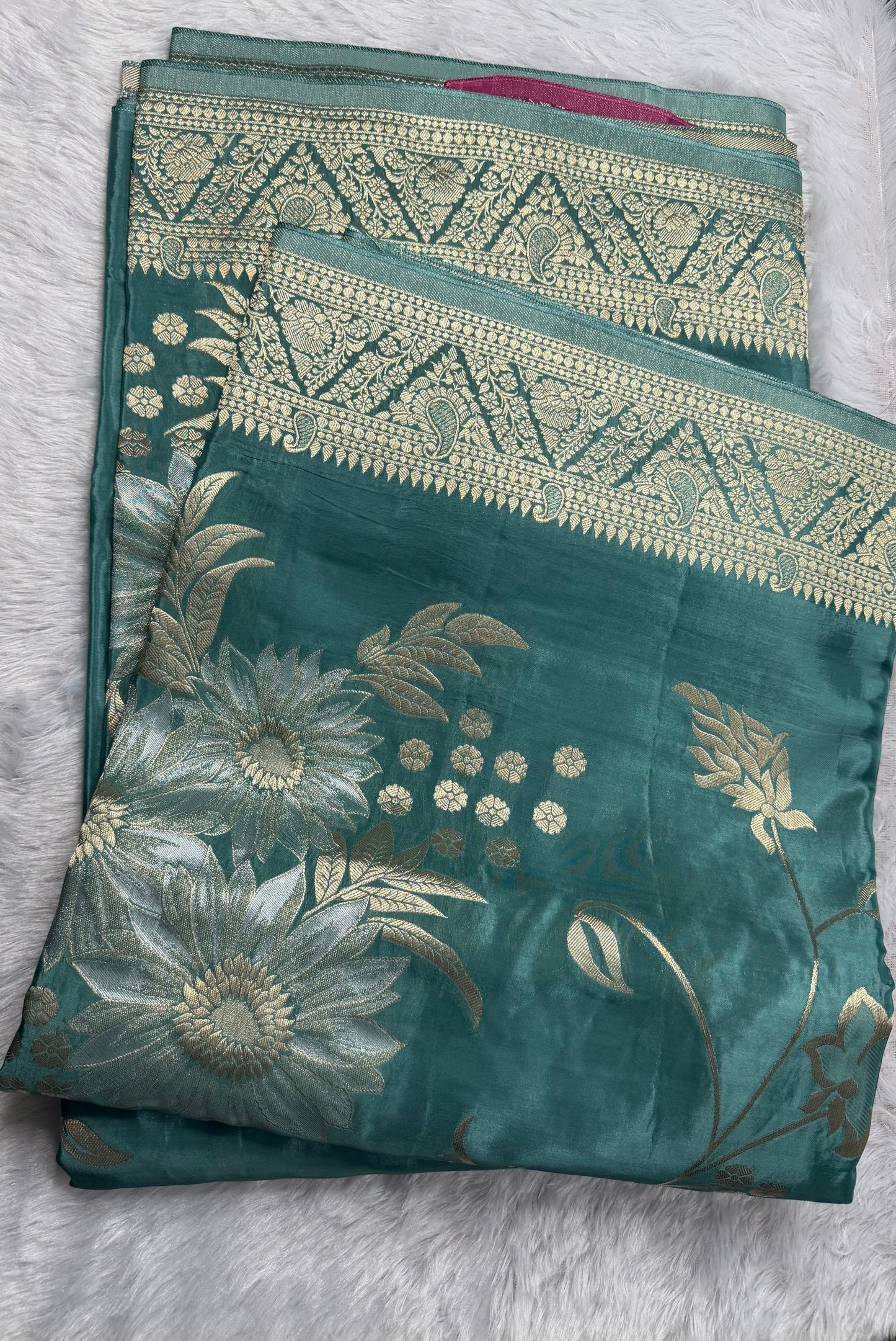LABH-UG06 TEAL GREEN RUSSIAN CREPE  SILK SAREE.