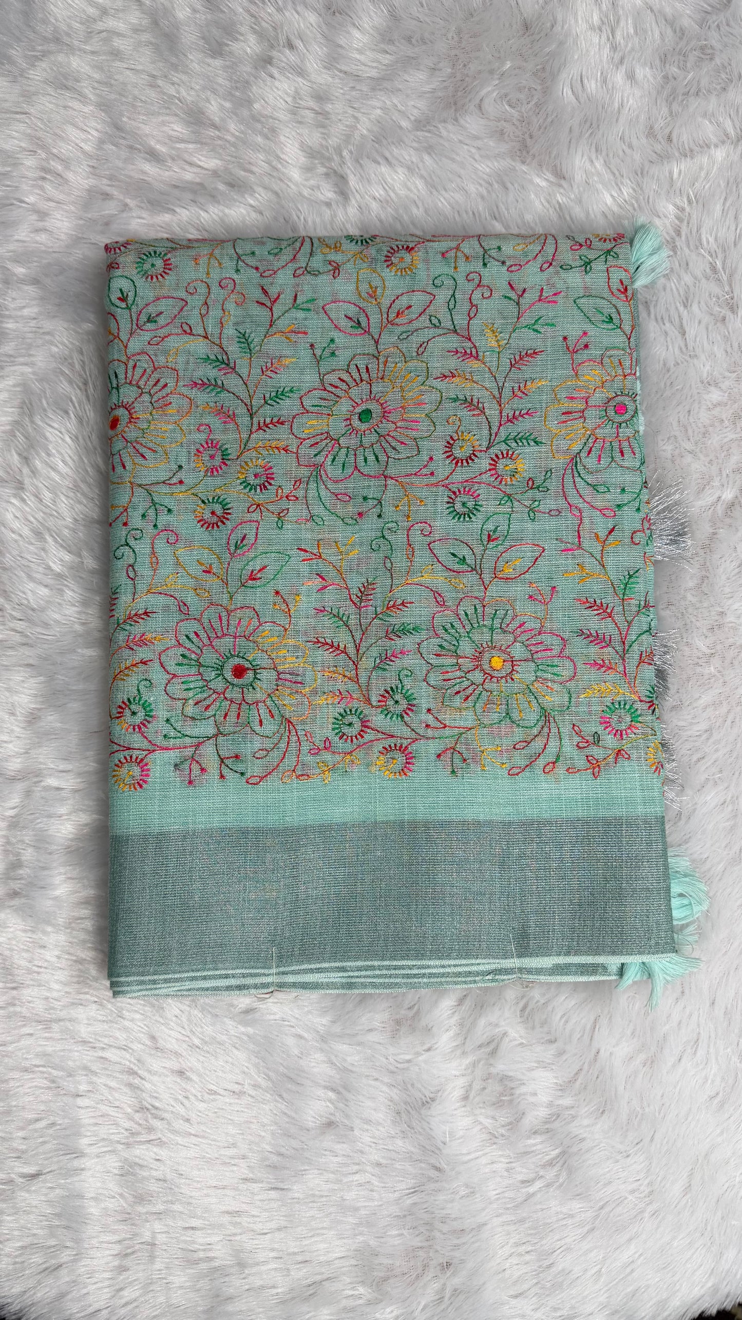 MUTED MINT GREEN LINEN COTTON WITH PASHMINA EMBROIDERY.