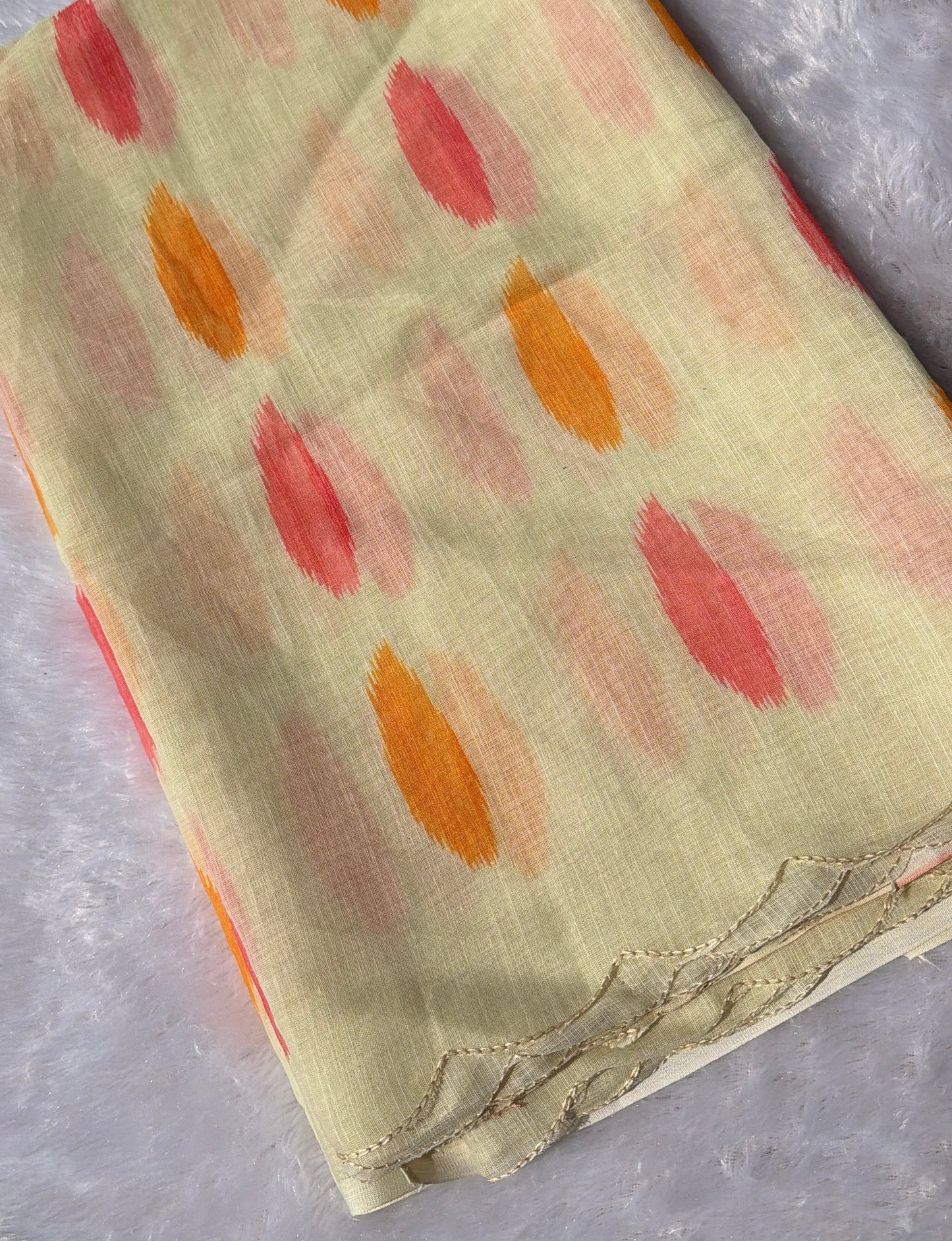 OFF WHITE LINEN COTTON SAREE WITH PEACH BLOUSE.