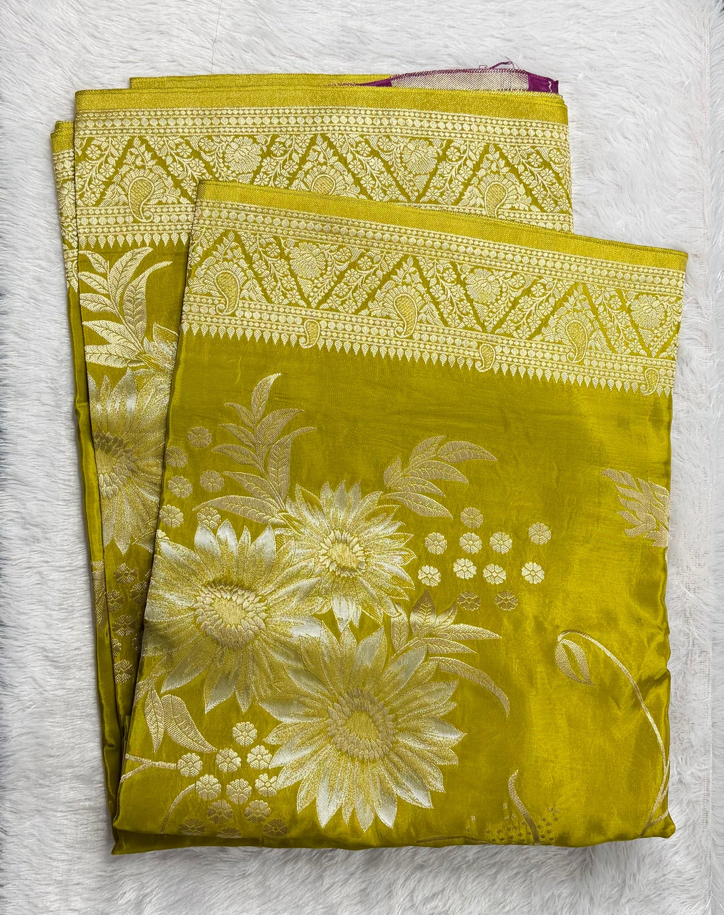 LABH-UG06 MUSTARD YELLOW RUSSIAN CREPE  SILK SAREE.