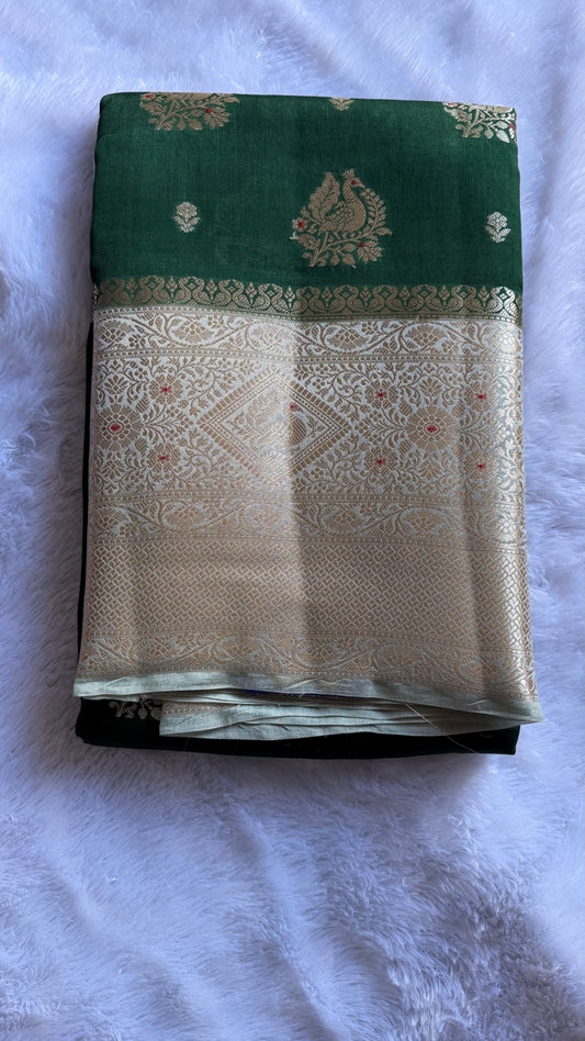 LABH-UG01  DEEP GREEN PURE RAW MANGO SILK SAREE.
