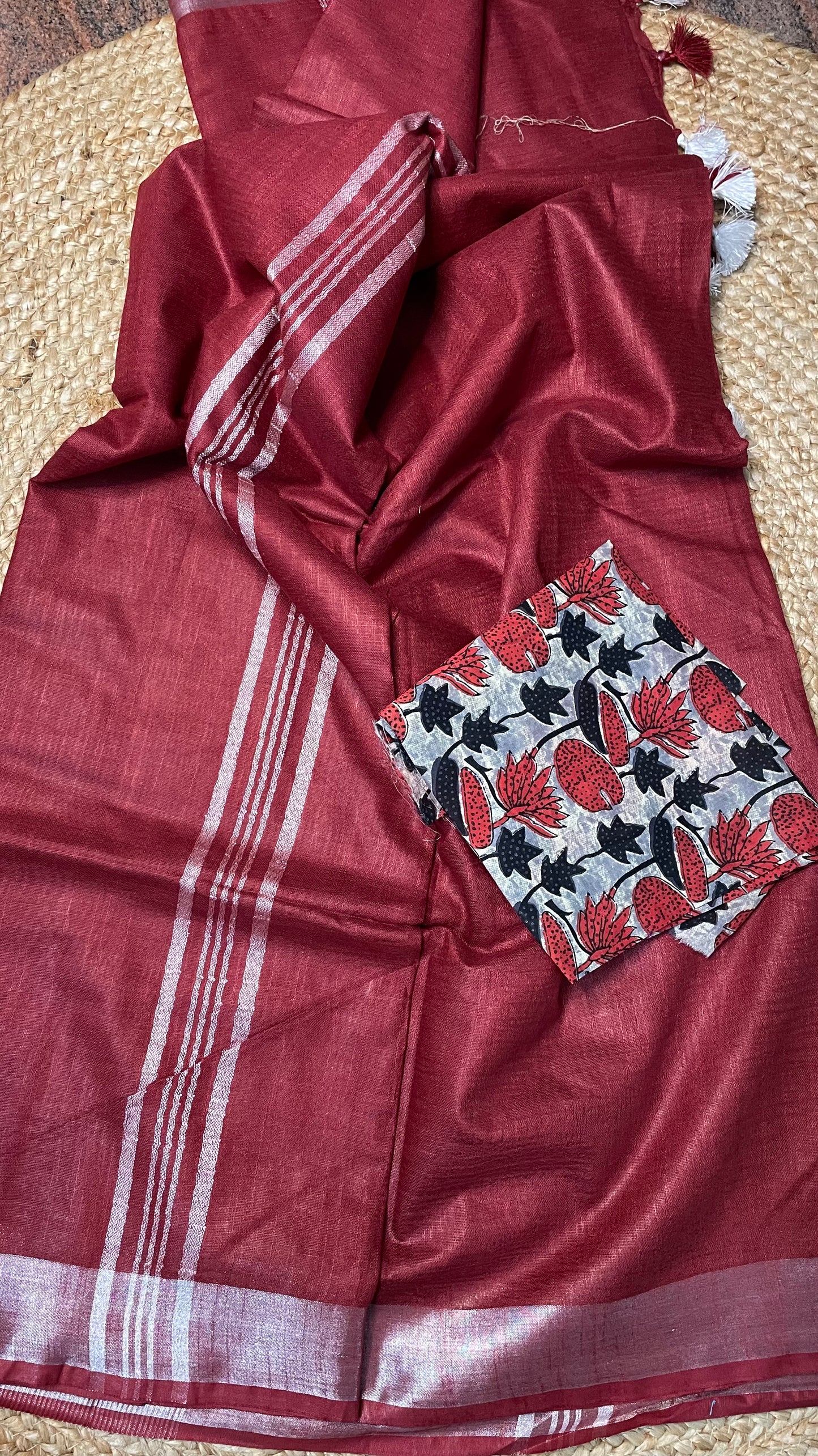 BURNT RED PURE LINEN COTTON SAREE