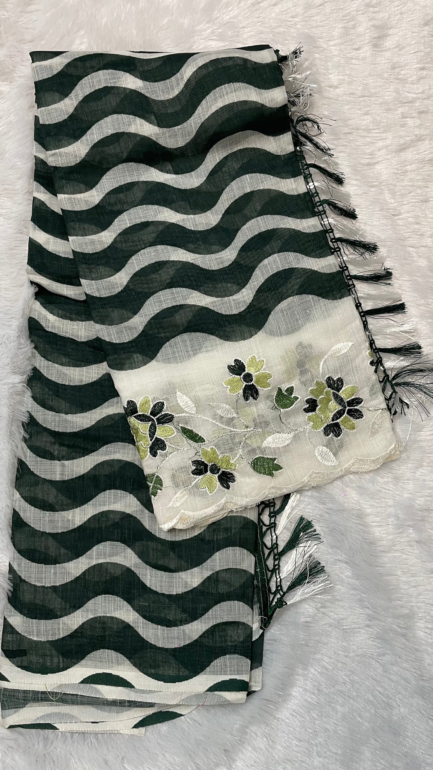 BOTTLE GREEN & WHITE LINEN COTTON SAREE