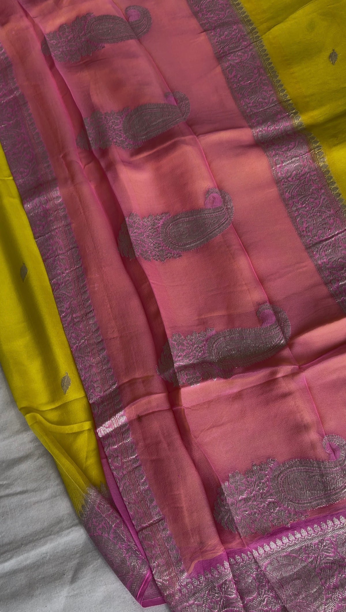 Yellow and Pink Pure Banarasi  Khaddi Chiffon.