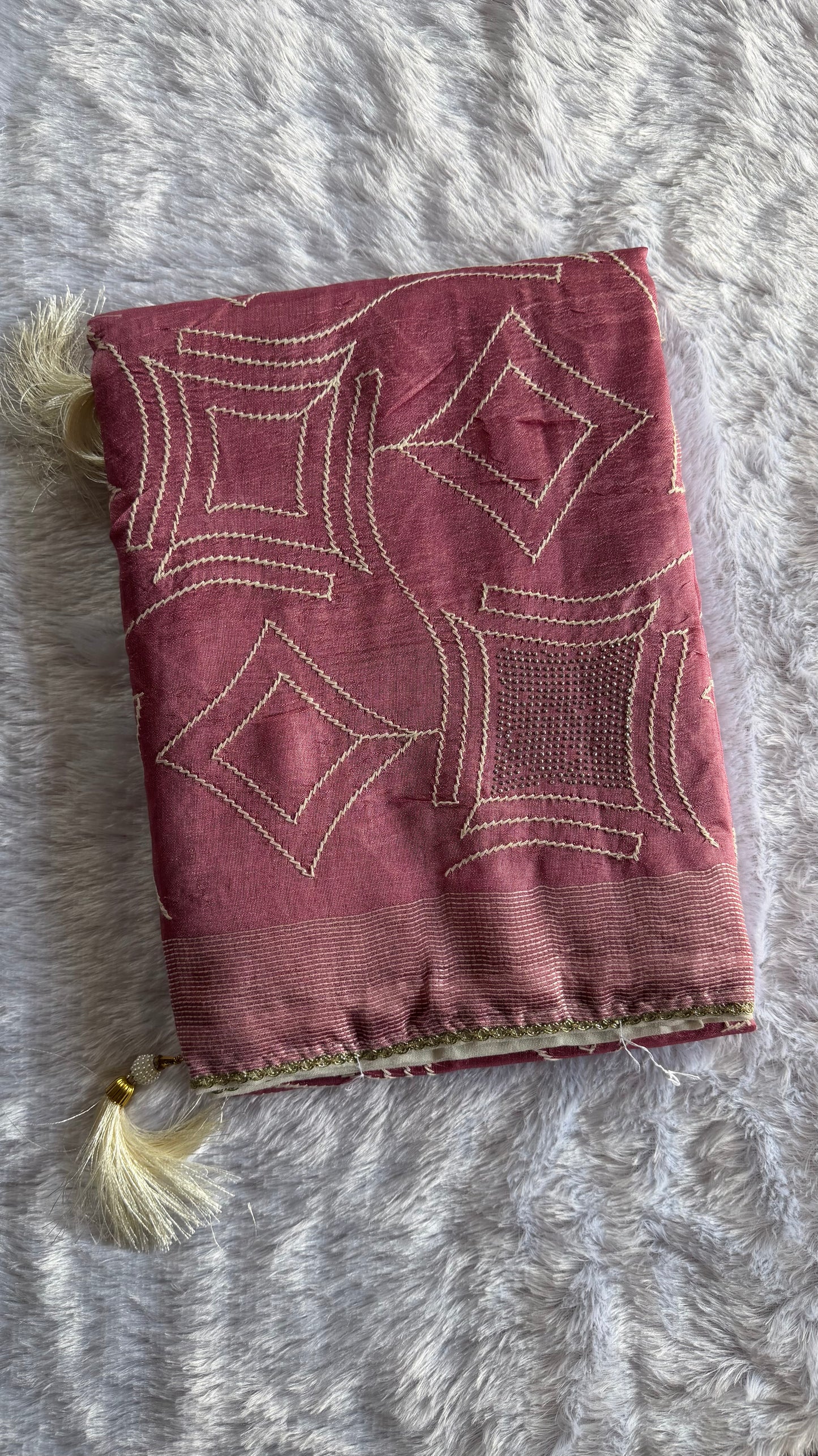 PINK SEMI TUSSAR WITH WHITE BLOUSE.