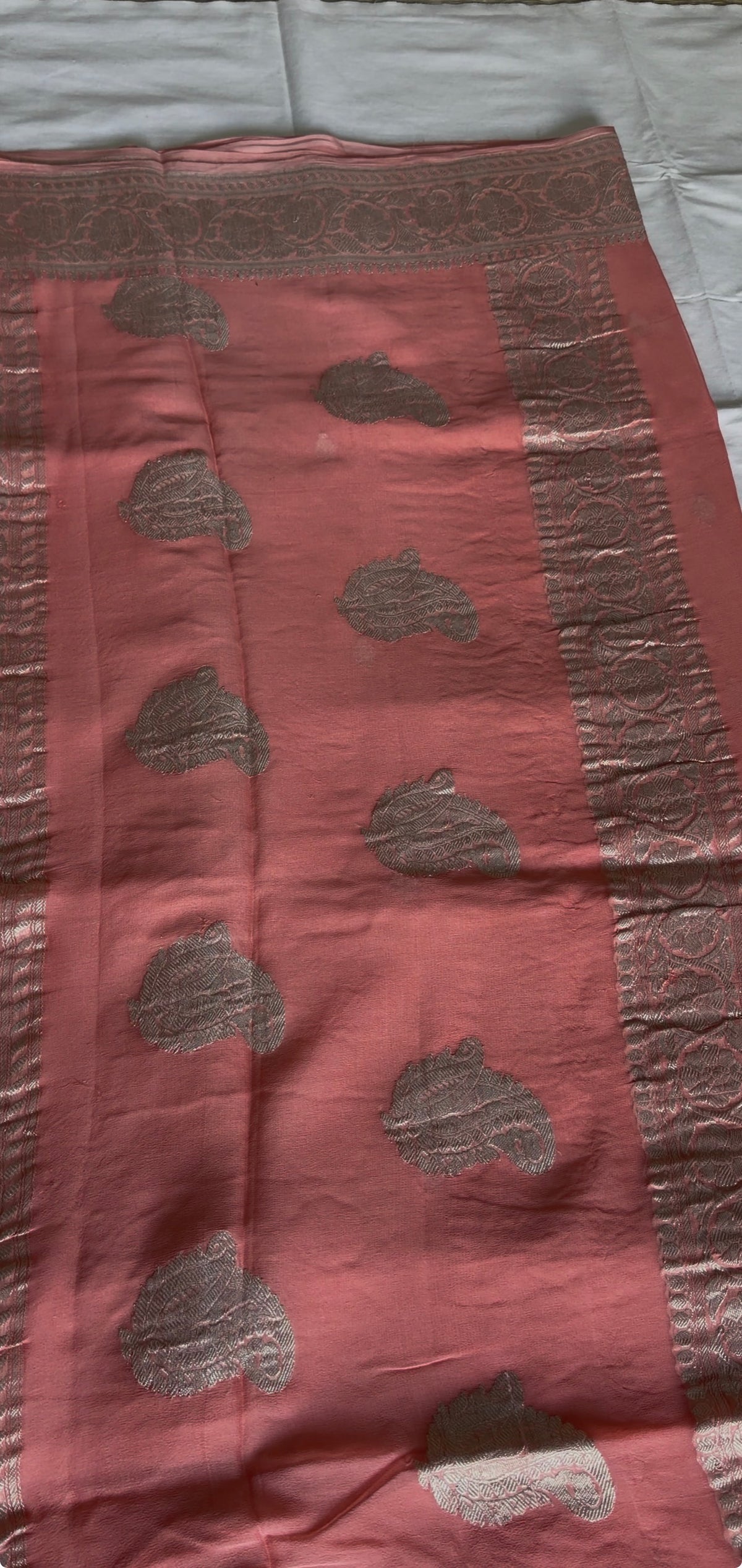 Peach Pure Banarasi  Khaddi Chiffon.