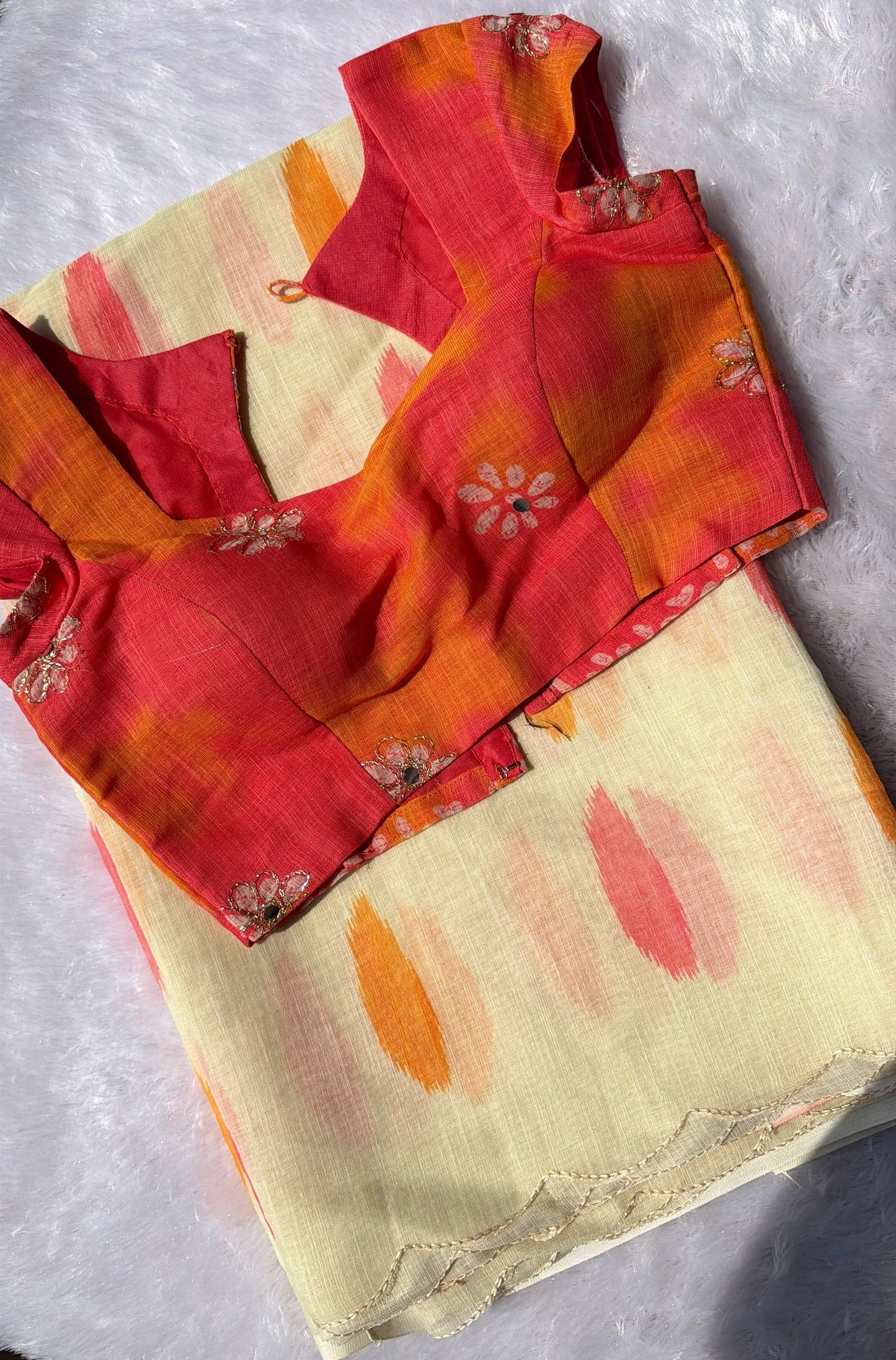OFF WHITE LINEN COTTON SAREE WITH PEACH BLOUSE.