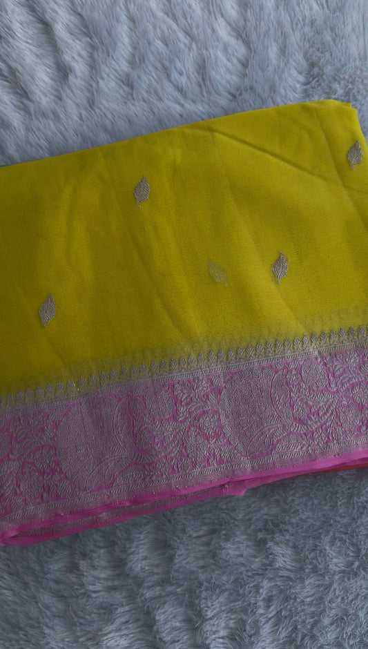 Yellow and Pink Pure Banarasi  Khaddi Chiffon.