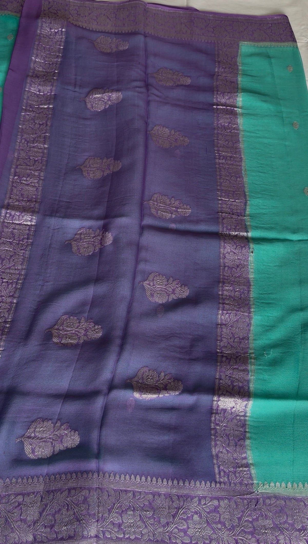 Rama green with purple Pure Banarasi  Khaddi Chiffon.