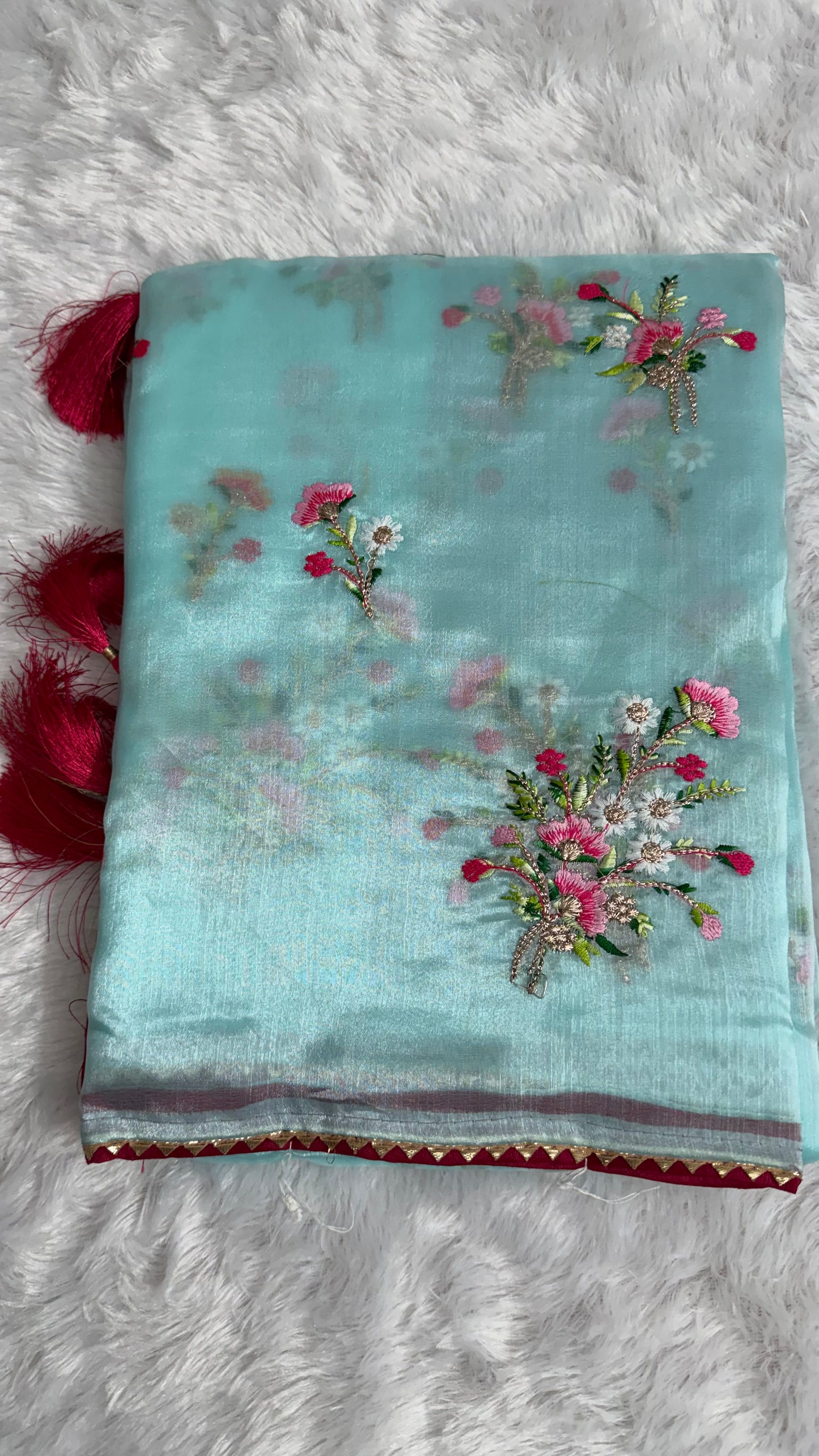 BLUE ORGANZA SAREE WITH CONTRAST BLOUSE