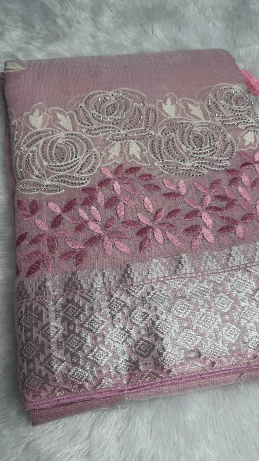 BABY PINK LINEN COTTON SAREE WITH RUNNING BLOUSE