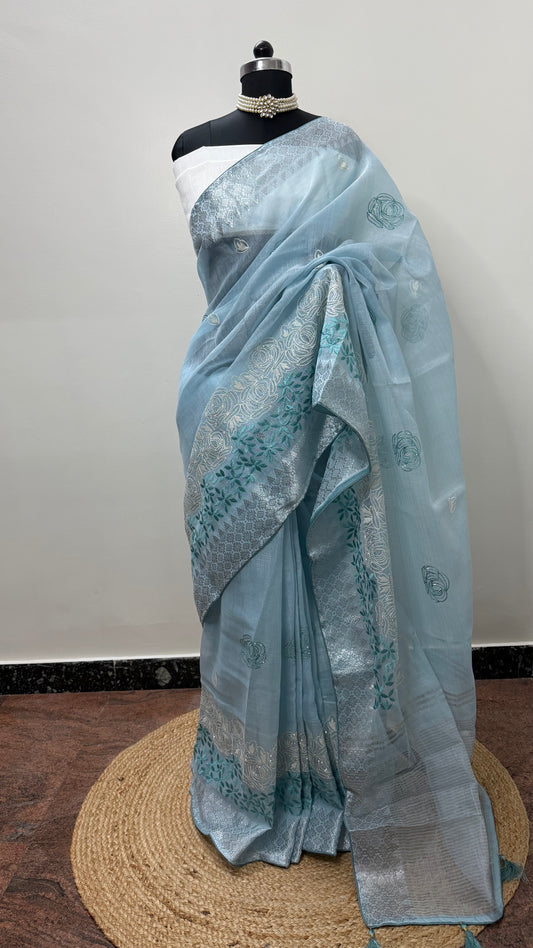 BABY BLUE LINEN COTTON SAREE WITH RUNNING BLOUSE.