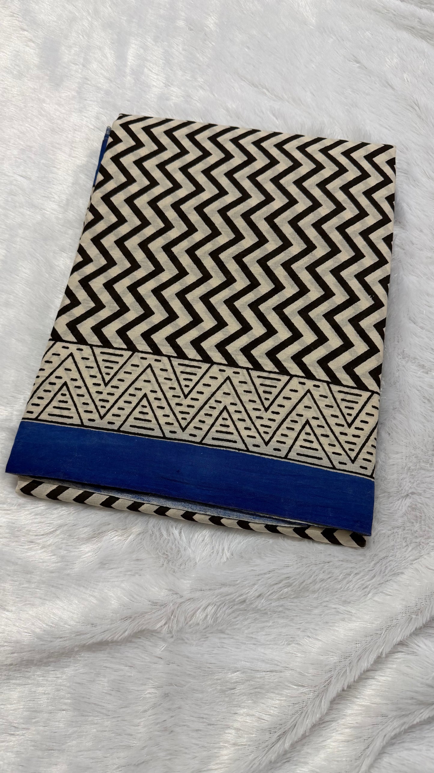 Black White with Blue Border Hand-Block Printed Pure Jaipur Cotton