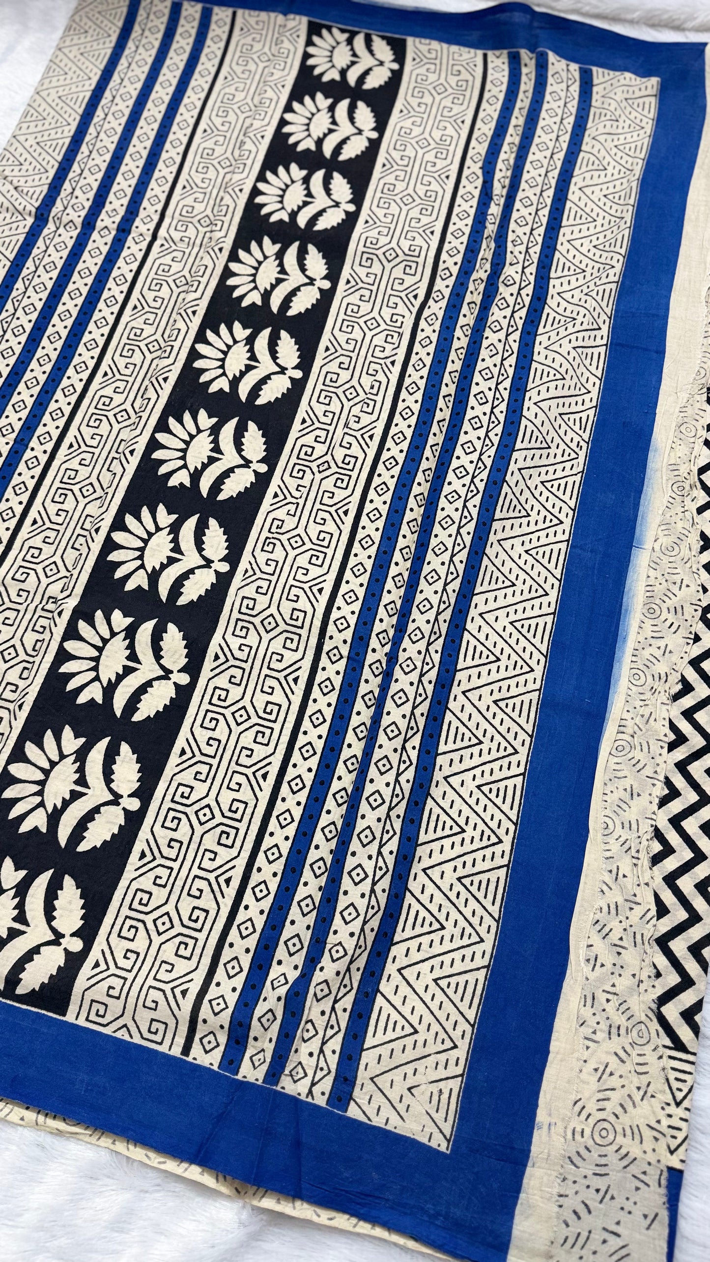 Black White with Blue Border Hand-Block Printed Pure Jaipur Cotton
